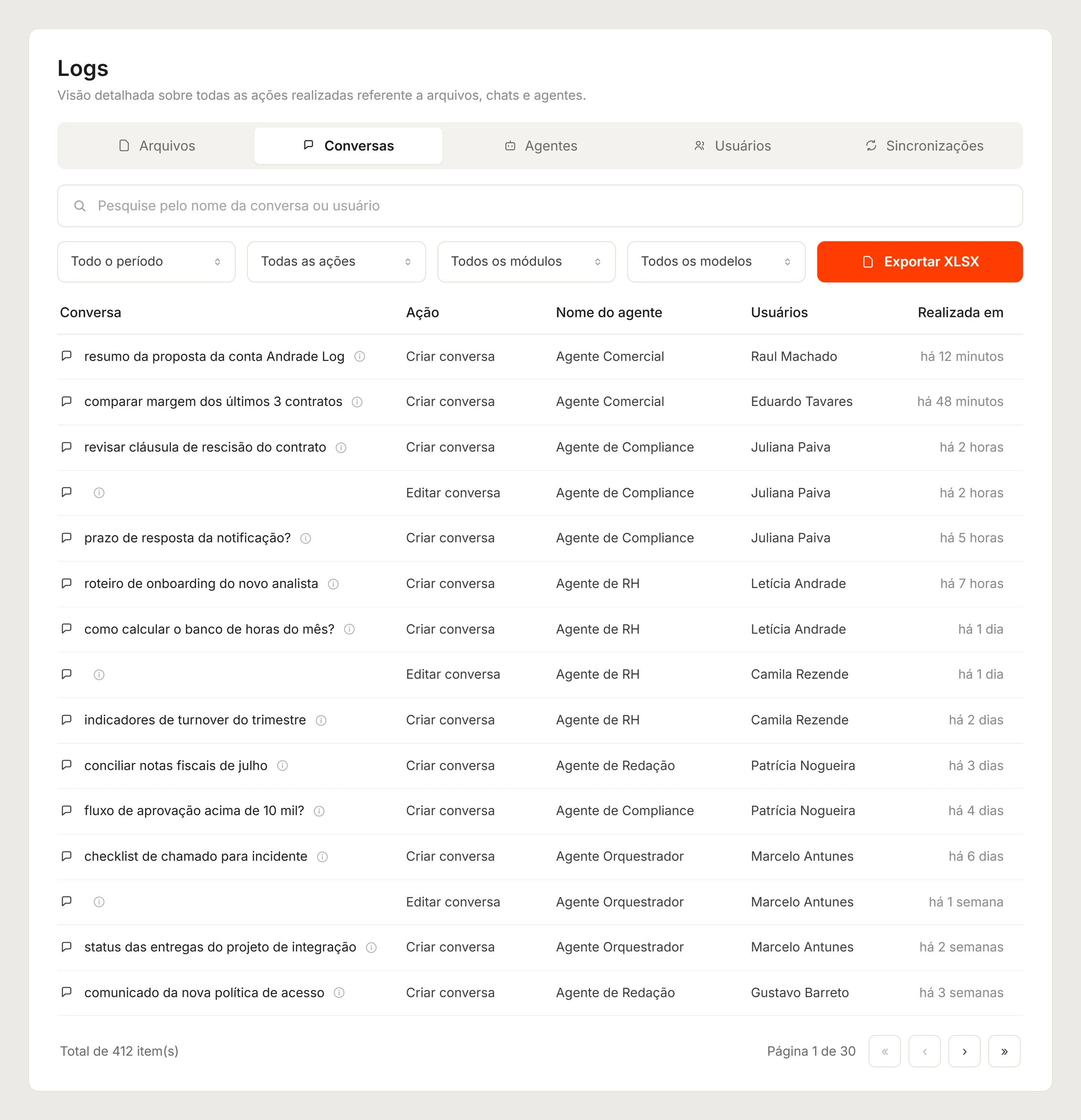 Tela de logs da plataforma Vease com o registro de conversas, ações, agentes e usuários, com exportação em XLSX
